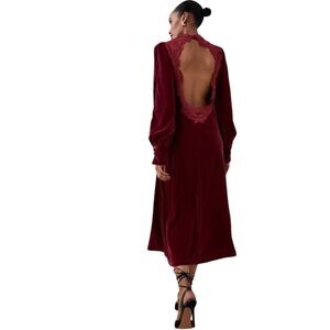 Karen Millen Lydia Millen Guipure Lace Velvet Midi Dress Burgundy US 2 Petite
